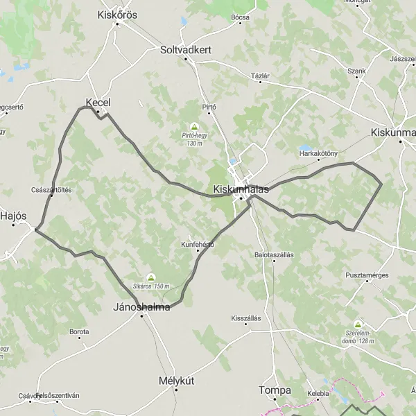 Map miniature of "Kecel-Kiskunhalas-Kunfehértó-Jánoshalma-Császártöltés Road Cycling Route" cycling inspiration in Dél-Alföld, Hungary. Generated by Tarmacs.app cycling route planner