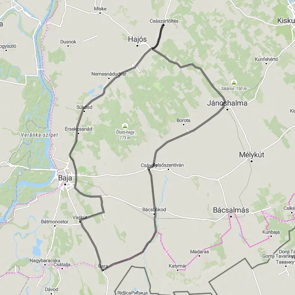 Map miniature of "Jánoshalma Loop" cycling inspiration in Dél-Alföld, Hungary. Generated by Tarmacs.app cycling route planner