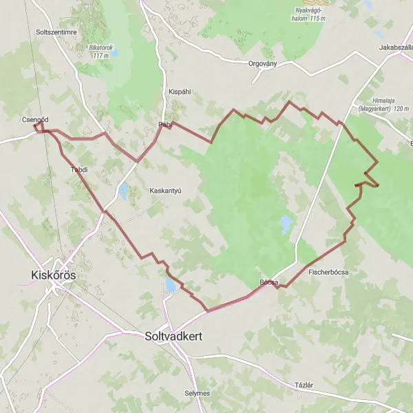 Map miniature of "Csengod - Páhi - Tabdi gravel route" cycling inspiration in Dél-Alföld, Hungary. Generated by Tarmacs.app cycling route planner