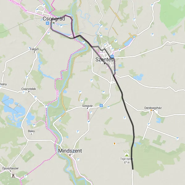 Map miniature of "Scenic Road Loop" cycling inspiration in Dél-Alföld, Hungary. Generated by Tarmacs.app cycling route planner