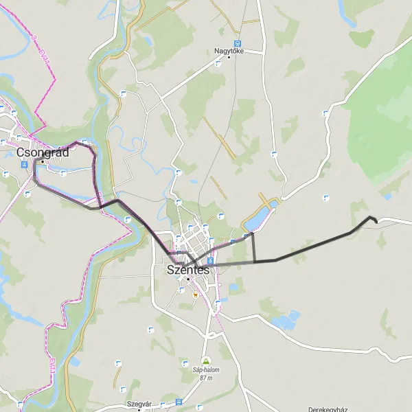 Map miniature of "Relaxing Countryside Ride" cycling inspiration in Dél-Alföld, Hungary. Generated by Tarmacs.app cycling route planner