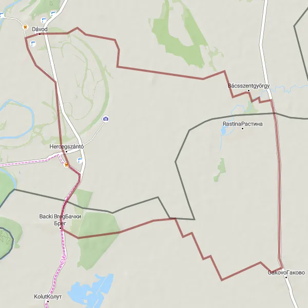 Map miniature of "Dávod to Backi Breg Gravel Loop" cycling inspiration in Dél-Alföld, Hungary. Generated by Tarmacs.app cycling route planner