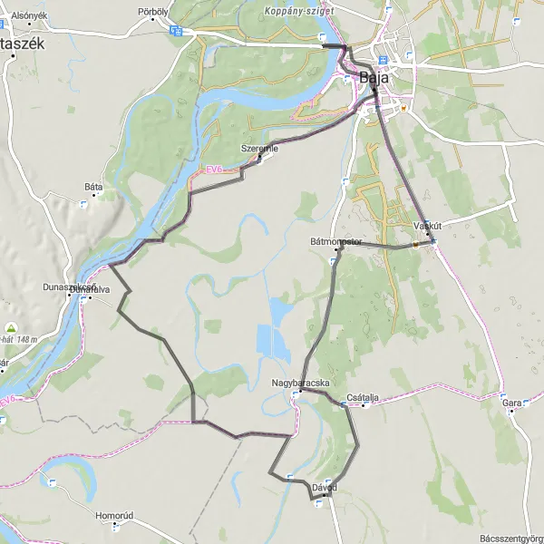 Map miniature of "Dávod to Nagybaracska Road Loop" cycling inspiration in Dél-Alföld, Hungary. Generated by Tarmacs.app cycling route planner