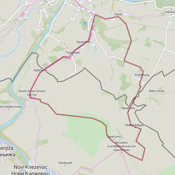 Map miniature of "Gravel Adventure to Srpski Krstur and Tiszasziget" cycling inspiration in Dél-Alföld, Hungary. Generated by Tarmacs.app cycling route planner