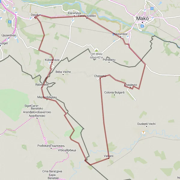 Map miniature of "Scenic Excursion through Klárafalva and Majdan" cycling inspiration in Dél-Alföld, Hungary. Generated by Tarmacs.app cycling route planner