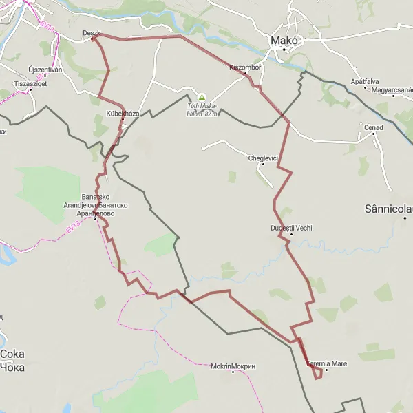 Map miniature of "Zigzag through the Hungarian countryside" cycling inspiration in Dél-Alföld, Hungary. Generated by Tarmacs.app cycling route planner