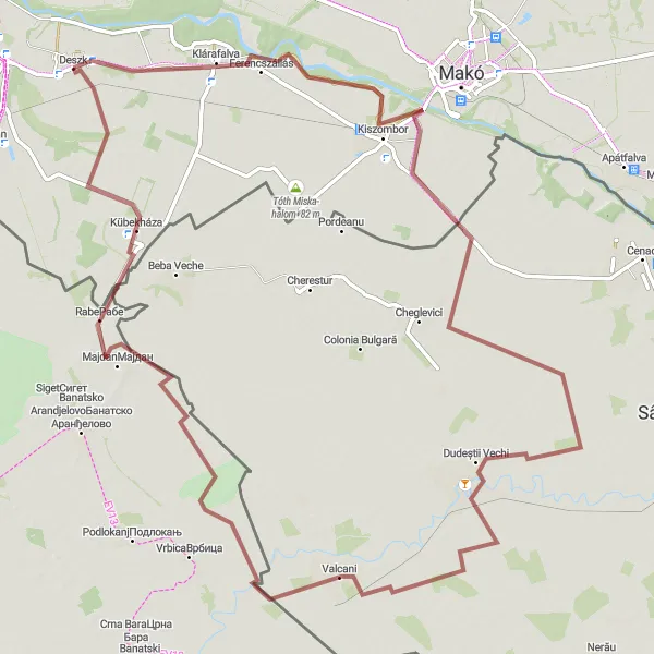 Map miniature of "Unique Exploration of Klárafalva and Dudeștii Vechi" cycling inspiration in Dél-Alföld, Hungary. Generated by Tarmacs.app cycling route planner