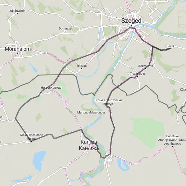 Map miniature of "Road Adventure embracing Szeged and Novi Knezevac" cycling inspiration in Dél-Alföld, Hungary. Generated by Tarmacs.app cycling route planner