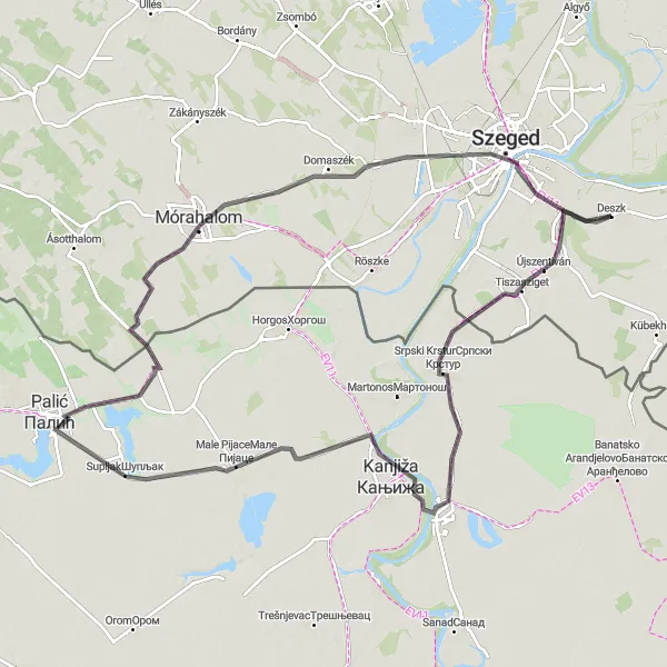 Map miniature of "Cross-Border Adventure" cycling inspiration in Dél-Alföld, Hungary. Generated by Tarmacs.app cycling route planner