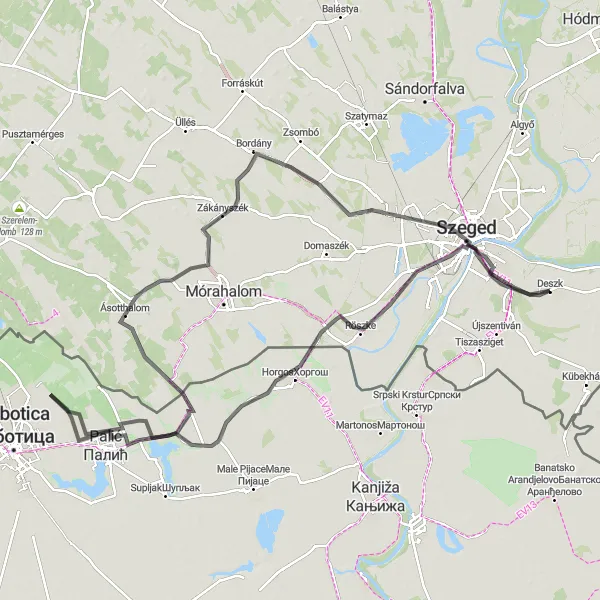 Map miniature of "Eastern Danube Cultural Route" cycling inspiration in Dél-Alföld, Hungary. Generated by Tarmacs.app cycling route planner