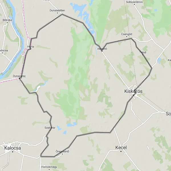 Map miniature of "Dunapataj to Újtelek Loop" cycling inspiration in Dél-Alföld, Hungary. Generated by Tarmacs.app cycling route planner