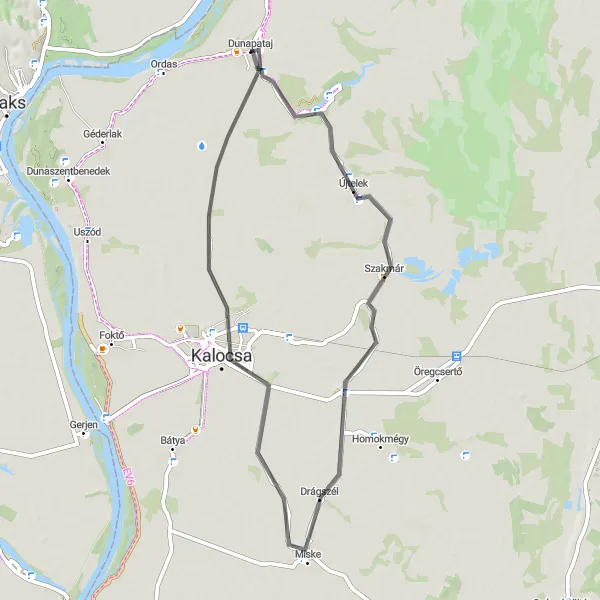 Map miniature of "Kalocsa Road Loop" cycling inspiration in Dél-Alföld, Hungary. Generated by Tarmacs.app cycling route planner