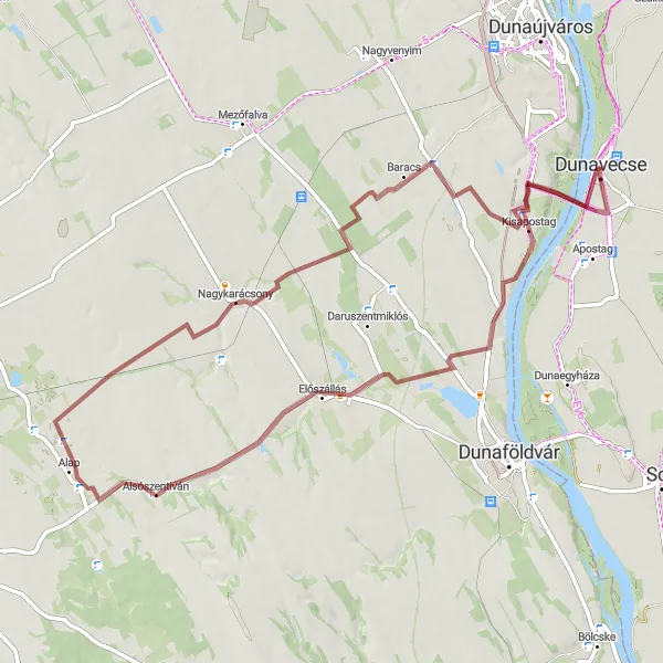 Map miniature of "Gravel Cycling Adventure to Kisapostag" cycling inspiration in Dél-Alföld, Hungary. Generated by Tarmacs.app cycling route planner