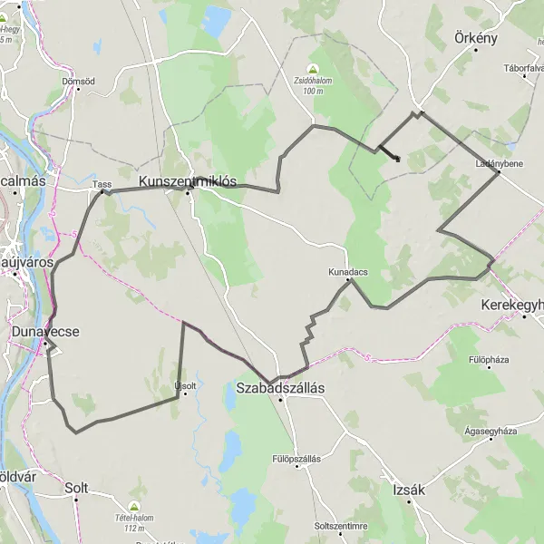 Map miniature of "The Kunszentmiklós Circuit" cycling inspiration in Dél-Alföld, Hungary. Generated by Tarmacs.app cycling route planner