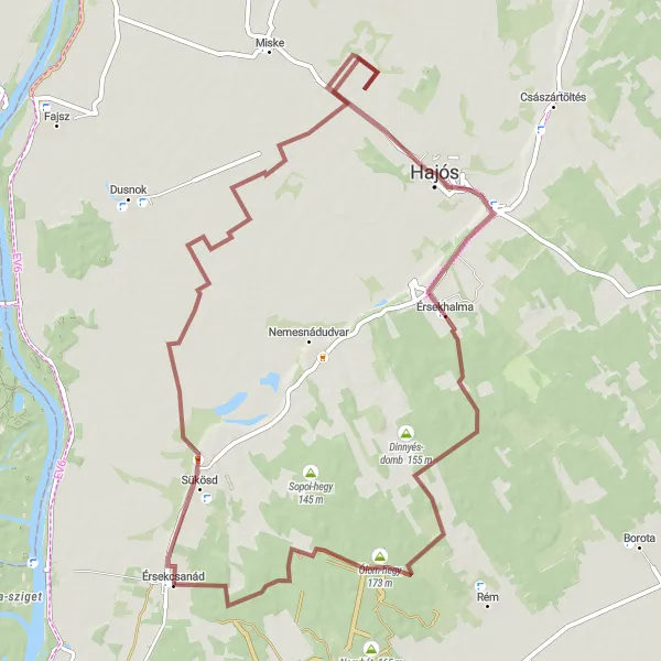 Map miniature of "Gravel adventure through Érsekcsanád and beyond" cycling inspiration in Dél-Alföld, Hungary. Generated by Tarmacs.app cycling route planner