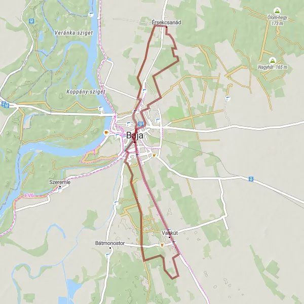 Map miniature of "Gravel ride from Érsekcsanád to Baja" cycling inspiration in Dél-Alföld, Hungary. Generated by Tarmacs.app cycling route planner