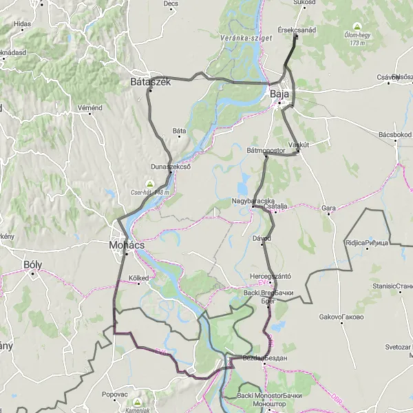 Map miniature of "Round-trip from Érsekcsanád to Kiscsávoly and back" cycling inspiration in Dél-Alföld, Hungary. Generated by Tarmacs.app cycling route planner