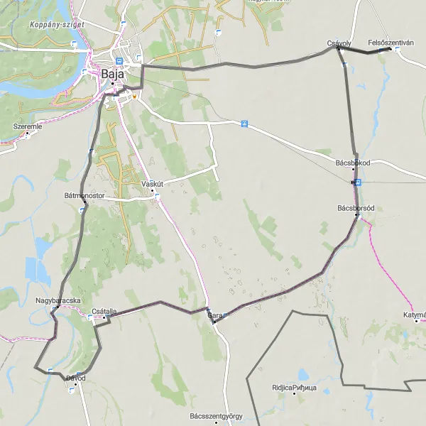 Map miniature of "Southern Great Plain Loop" cycling inspiration in Dél-Alföld, Hungary. Generated by Tarmacs.app cycling route planner