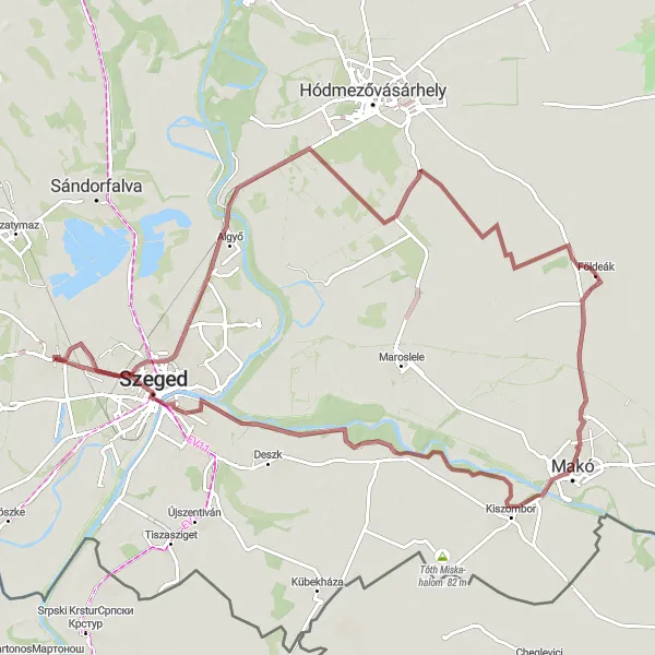 Map miniature of "Makó and Beyond" cycling inspiration in Dél-Alföld, Hungary. Generated by Tarmacs.app cycling route planner
