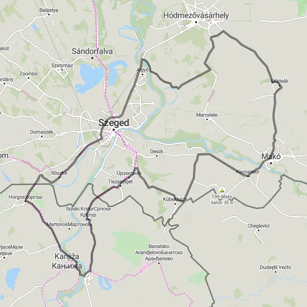 Map miniature of "Földeák-Makó-Újszentiván-Srpski Krstur-Novi Knezevac-Horgos-Röszke-Algyő-Földeák" cycling inspiration in Dél-Alföld, Hungary. Generated by Tarmacs.app cycling route planner