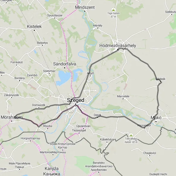 Map miniature of "Heritage Ride" cycling inspiration in Dél-Alföld, Hungary. Generated by Tarmacs.app cycling route planner