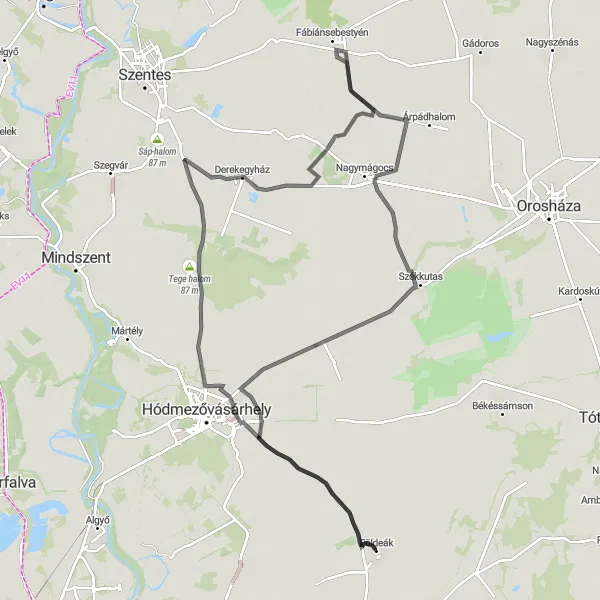 Map miniature of "Countryside Escape" cycling inspiration in Dél-Alföld, Hungary. Generated by Tarmacs.app cycling route planner