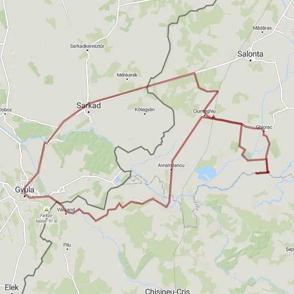 Map miniature of "Gently Rolling Gravel Adventure" cycling inspiration in Dél-Alföld, Hungary. Generated by Tarmacs.app cycling route planner