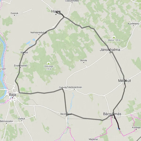 Map miniature of "Hajós to Nemesnádudvar via Csávoly" cycling inspiration in Dél-Alföld, Hungary. Generated by Tarmacs.app cycling route planner