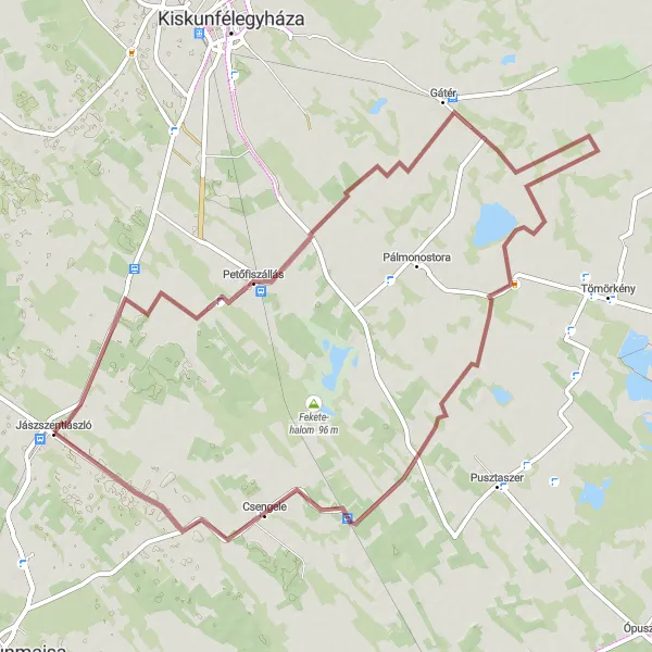 Map miniature of "Jászszentlászló - Lourdesi-barlang - Gátér" cycling inspiration in Dél-Alföld, Hungary. Generated by Tarmacs.app cycling route planner