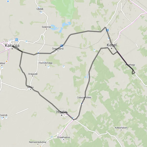 Map miniature of "Road Route 2" cycling inspiration in Dél-Alföld, Hungary. Generated by Tarmacs.app cycling route planner