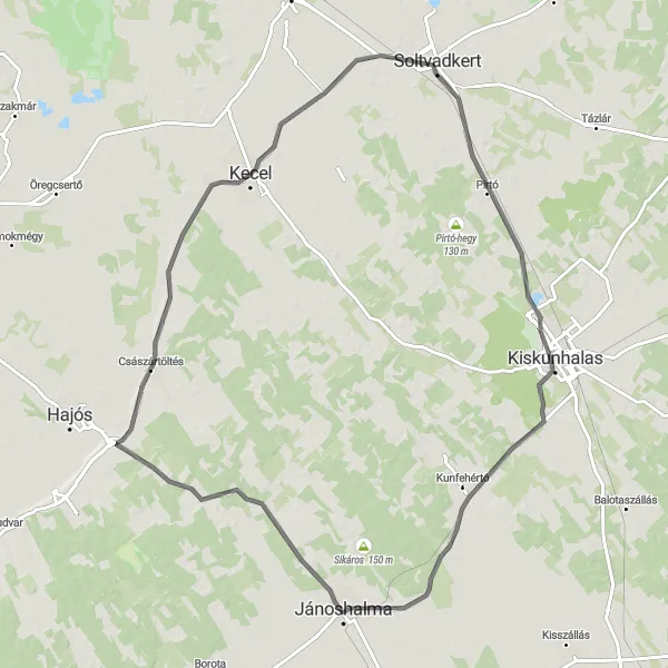 Map miniature of "Kecel - Kiskunhalas - Jánoshalma - Császártöltés Cycling Route" cycling inspiration in Dél-Alföld, Hungary. Generated by Tarmacs.app cycling route planner