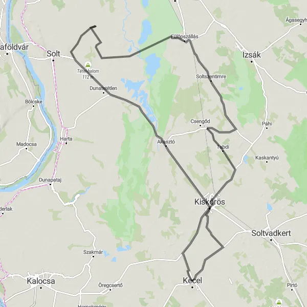 Map miniature of "Kecel - Akasztó - Fülöpszállás - Tabdi - Kiskőrös - Harangtorony Cycling Route" cycling inspiration in Dél-Alföld, Hungary. Generated by Tarmacs.app cycling route planner