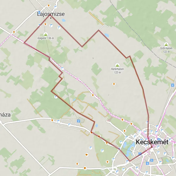 Map miniature of "Kecskemét - Máriaváros - Ferenczi-halom - Lajosmizse - Vacsihegy" cycling inspiration in Dél-Alföld, Hungary. Generated by Tarmacs.app cycling route planner