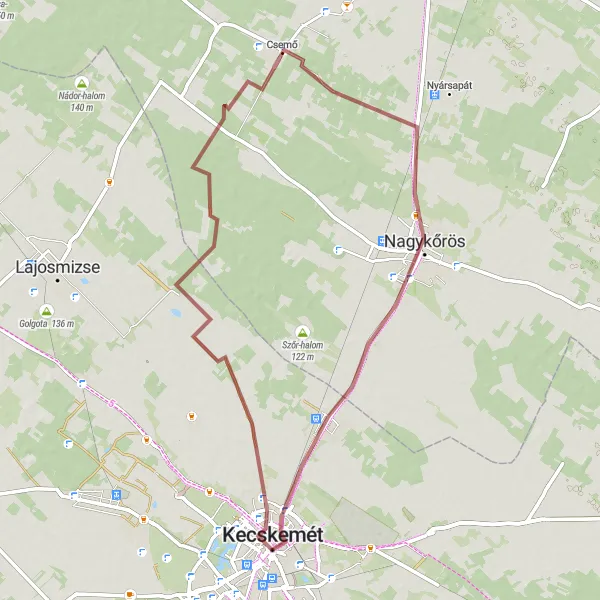 Map miniature of "Kecskemét - Máriaváros - Lajos-hegy - Csemő - Nagykőrös - Katonatelep - Belváros" cycling inspiration in Dél-Alföld, Hungary. Generated by Tarmacs.app cycling route planner