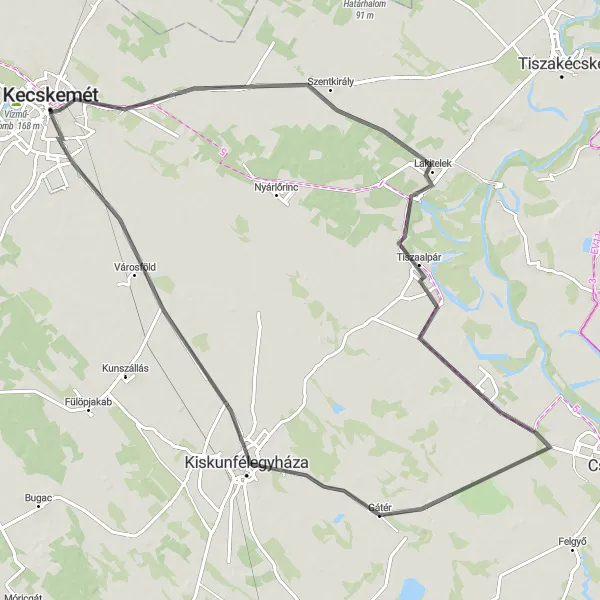 Map miniature of "Kecskemét - Hunyadiváros - Lakitelek - Tiszaalpár - Gátér - Kiskunfélegyháza - Városföld - Kecskemét" cycling inspiration in Dél-Alföld, Hungary. Generated by Tarmacs.app cycling route planner