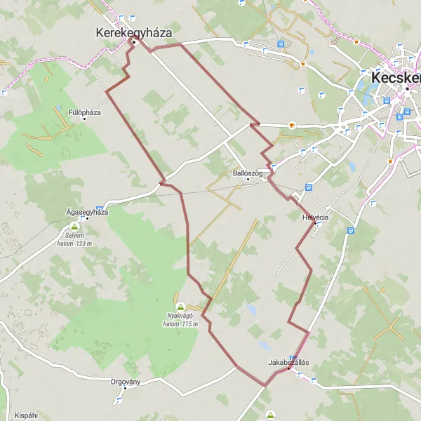 Map miniature of "Kerekegyháza Gravel Adventure" cycling inspiration in Dél-Alföld, Hungary. Generated by Tarmacs.app cycling route planner