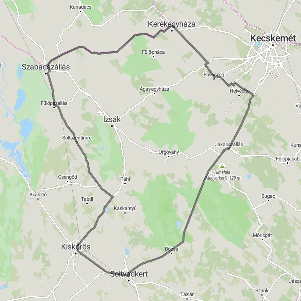 Map miniature of "Kerekegyháza to Fülöpszállás Road Cycling Route" cycling inspiration in Dél-Alföld, Hungary. Generated by Tarmacs.app cycling route planner