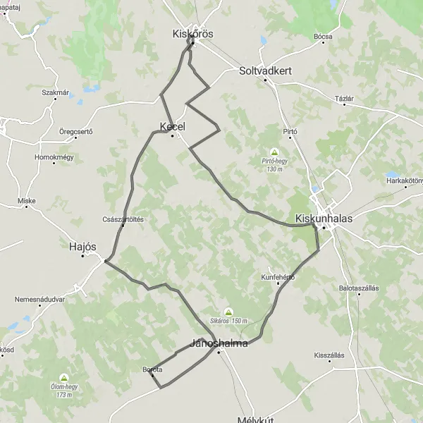 Map miniature of "The Great Alföld Adventure" cycling inspiration in Dél-Alföld, Hungary. Generated by Tarmacs.app cycling route planner