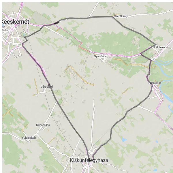 Map miniature of "Country Road Cycling" cycling inspiration in Dél-Alföld, Hungary. Generated by Tarmacs.app cycling route planner