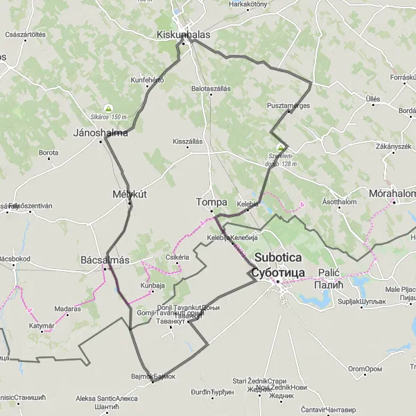 Map miniature of "Kiskunhalas to Öttömös" cycling inspiration in Dél-Alföld, Hungary. Generated by Tarmacs.app cycling route planner