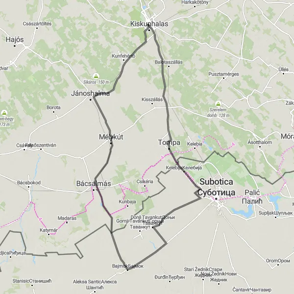 Map miniature of "Kiskunhalas Adventure Loop" cycling inspiration in Dél-Alföld, Hungary. Generated by Tarmacs.app cycling route planner