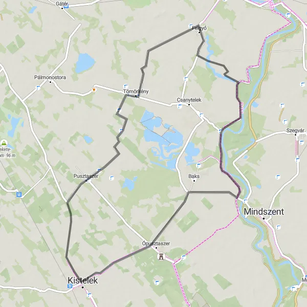 Map miniature of "Kistelek - Pusztaszer - Tömörkény - Felgyő - Baks" cycling inspiration in Dél-Alföld, Hungary. Generated by Tarmacs.app cycling route planner