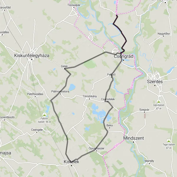 Map miniature of "Kistelek - Gátér - Csépa - Felgyő - Csanytelek" cycling inspiration in Dél-Alföld, Hungary. Generated by Tarmacs.app cycling route planner