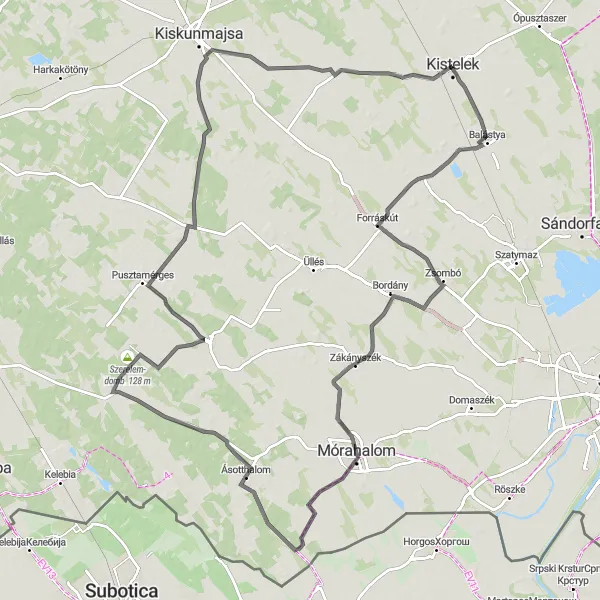 Map miniature of "Zákányszék and Szerelem-domb Road Adventure" cycling inspiration in Dél-Alföld, Hungary. Generated by Tarmacs.app cycling route planner