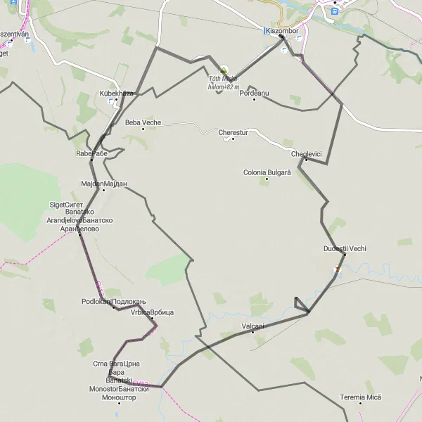 Map miniature of "Crossing Borders" cycling inspiration in Dél-Alföld, Hungary. Generated by Tarmacs.app cycling route planner