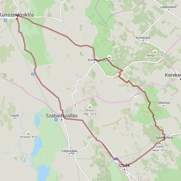 Map miniature of "Kunadacs - Selyem halom - Izsák - Szabadszállás - Virágh-kúria Gravel Route" cycling inspiration in Dél-Alföld, Hungary. Generated by Tarmacs.app cycling route planner