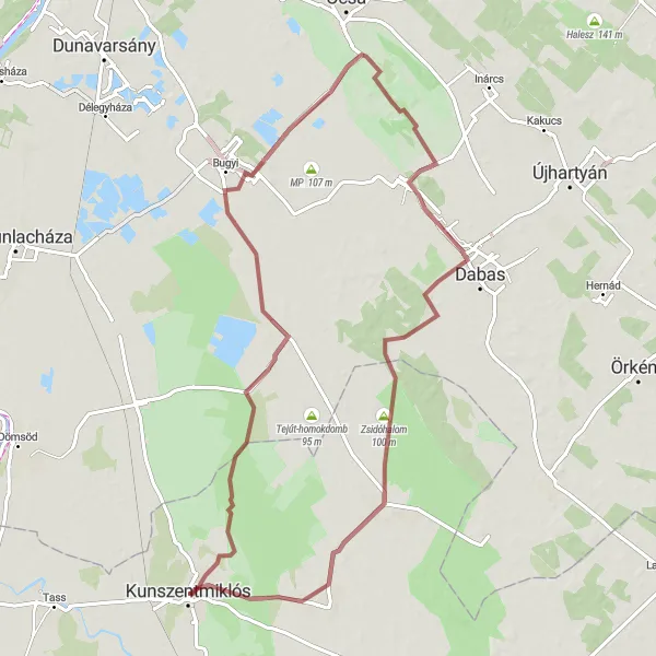 Map miniature of "Kunszentmiklós - Bugyi - Messzelátó-hegy - Kilátó torony - Alsódabas - Zsidóhalom - Virágh-kúria" cycling inspiration in Dél-Alföld, Hungary. Generated by Tarmacs.app cycling route planner