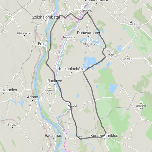 Map miniature of "Kunszentmiklós - Tass - Dömsöd - Tűztorony-kilátó - Tököl - Taksony - Apaj" cycling inspiration in Dél-Alföld, Hungary. Generated by Tarmacs.app cycling route planner
