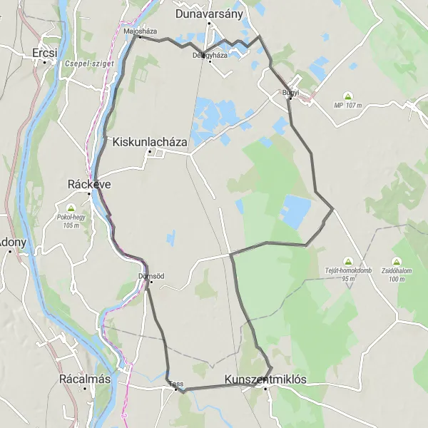 Map miniature of "Kunszentmiklós - Dömsöd - Ráckeve - Ráckevei (Soroksári)-Duna - Majosháza - Bugyi - Apaj" cycling inspiration in Dél-Alföld, Hungary. Generated by Tarmacs.app cycling route planner