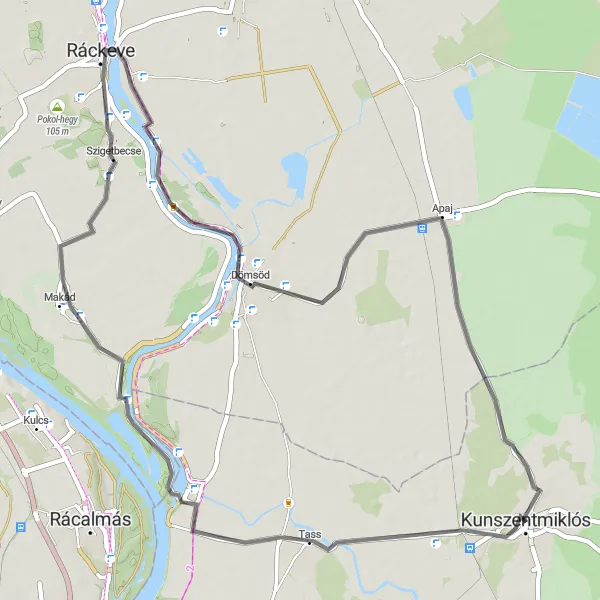 Map miniature of "Kunszentmiklós - Tass - Szigetbecse - Dömsöd - Apaj Road Route" cycling inspiration in Dél-Alföld, Hungary. Generated by Tarmacs.app cycling route planner